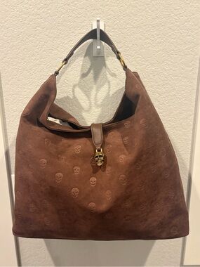 Betsey Johnson Brown Suede Hobo Bag with Skull Accent